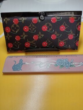 Designer-Inspired Cherry Print Wallet Clutch in Brown and Red